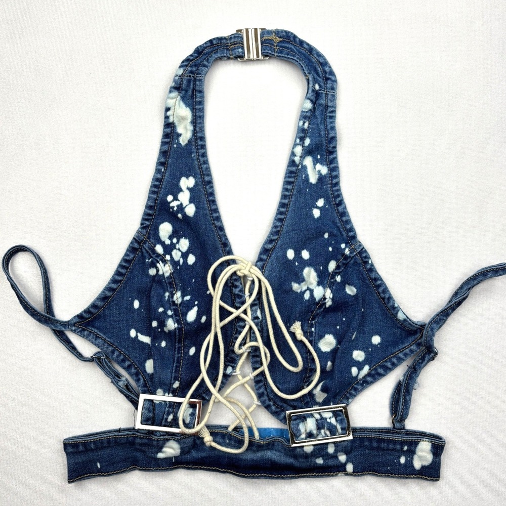 Roma Brand Womens Small Bleach Splatter Denim Lace Up Halter Bralette Crop Top S